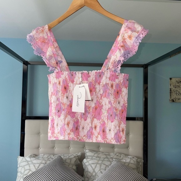 NEW Peixoto Mariel Cropped Top Pink Purple Jasmine Floral Smocked Ruffle Med - Picture 3 of 12